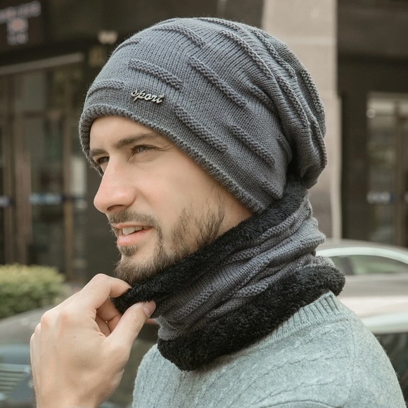 Men's Teddy Lined Cashmere Beanie Infinity Scarf Set - Picture 2 of 9